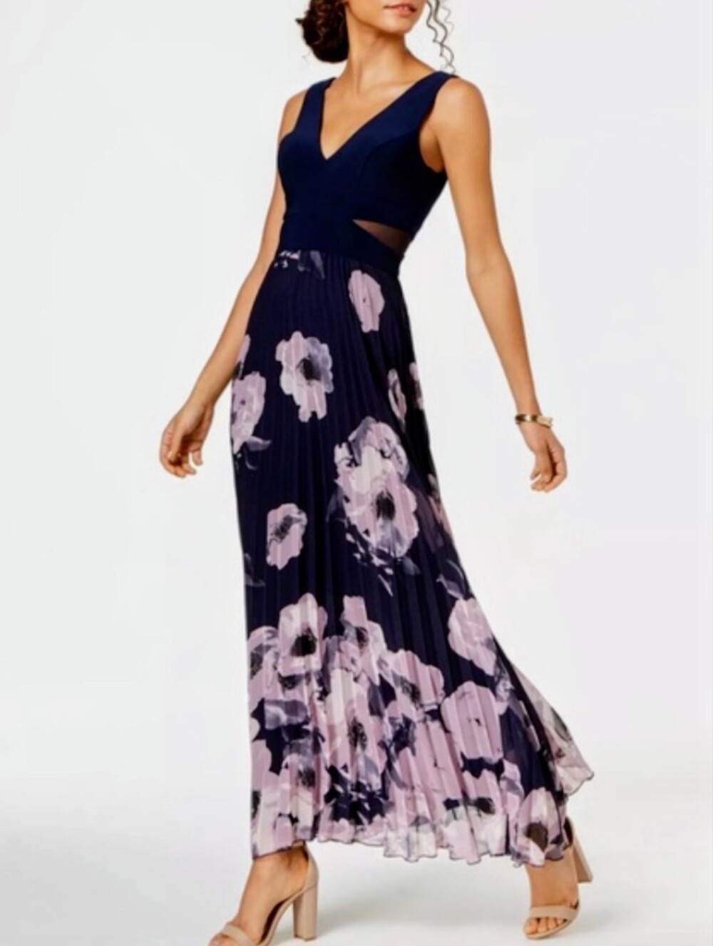 Like New! XSCAPE Illusion-Inset Floral Print Pleated Maxi Gown Dress Size 16